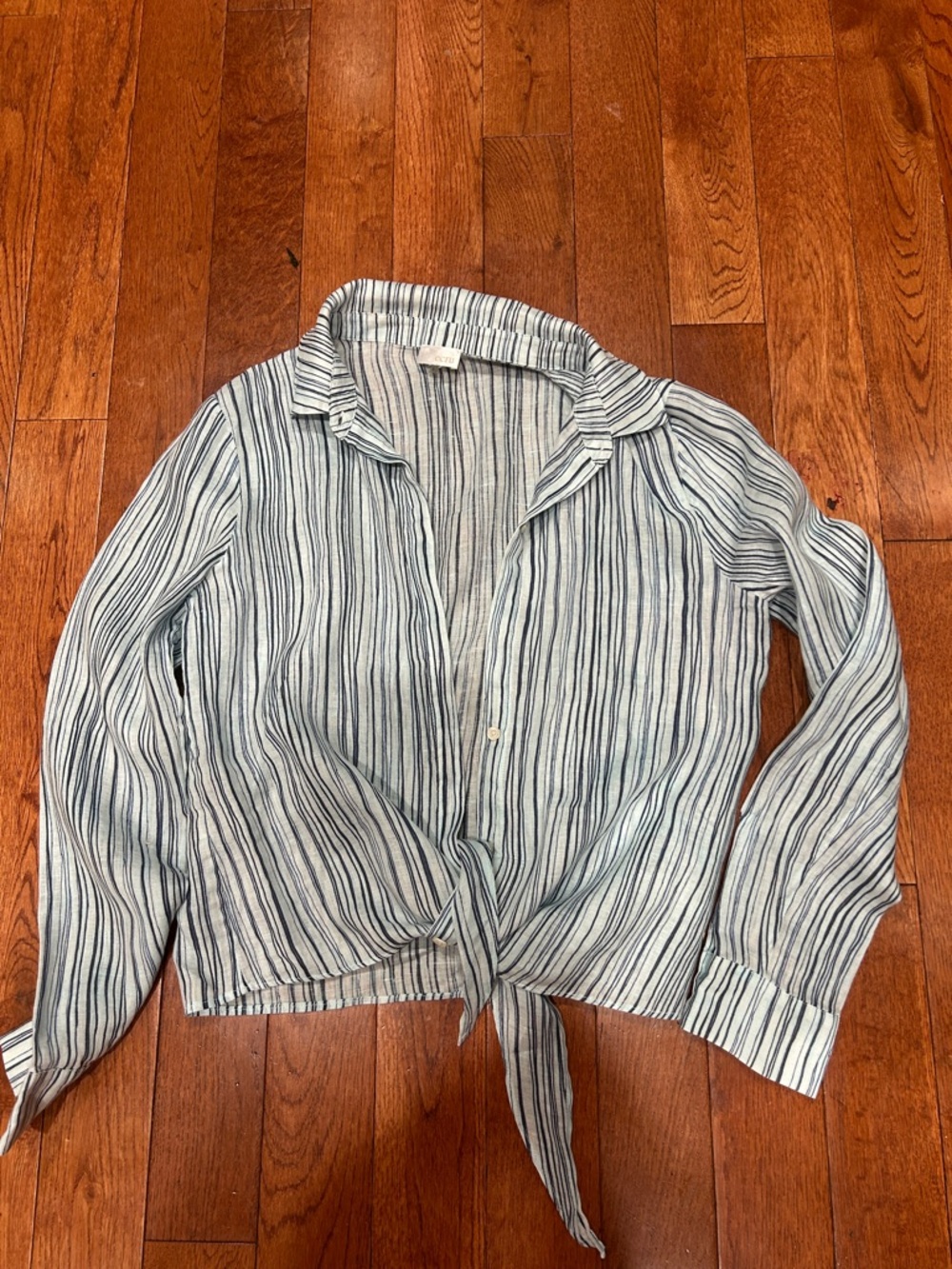 ecru linen Blue and White Striped Tie-Front Button Shirt